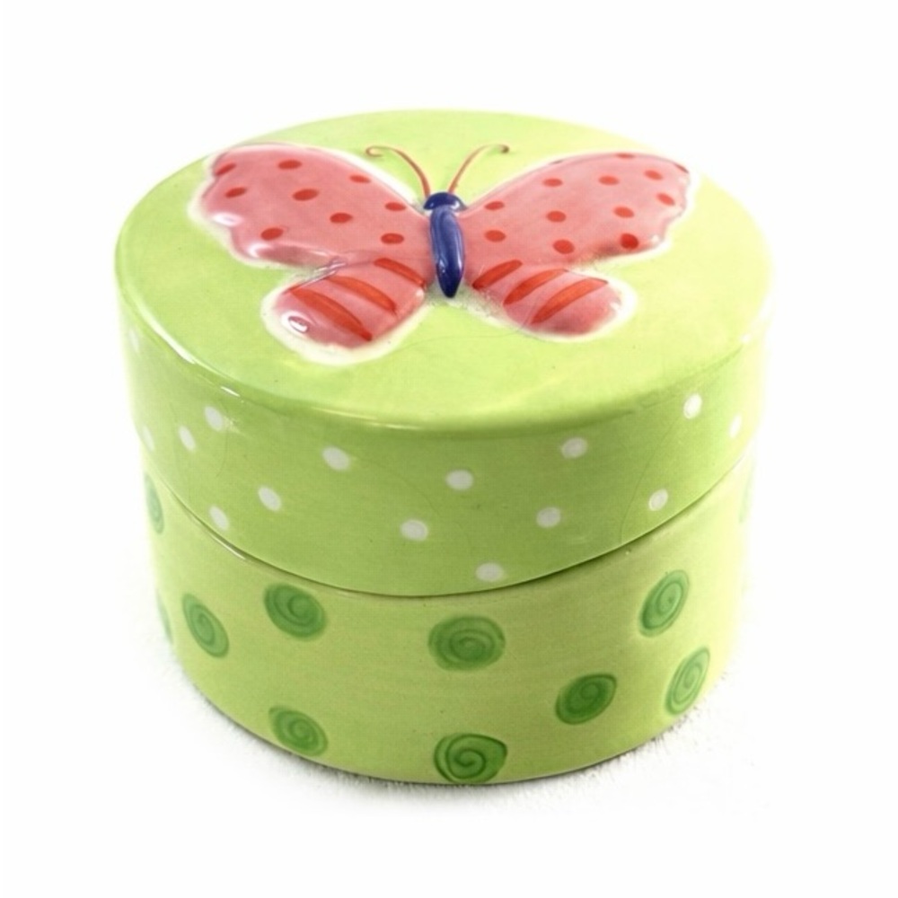 Ellen Krans Butterfly Trinket Dish Ceramic 2003 Polka Dots Green